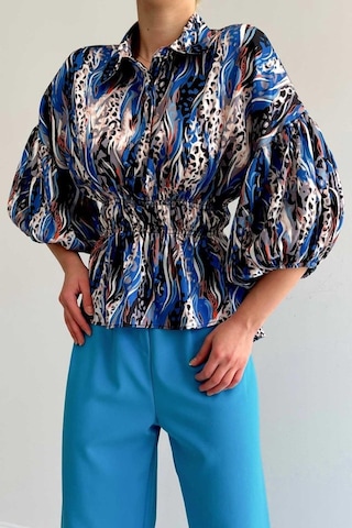 Beli Lastikli Saten Gömlek - Mavi Karışık Çok Renkli