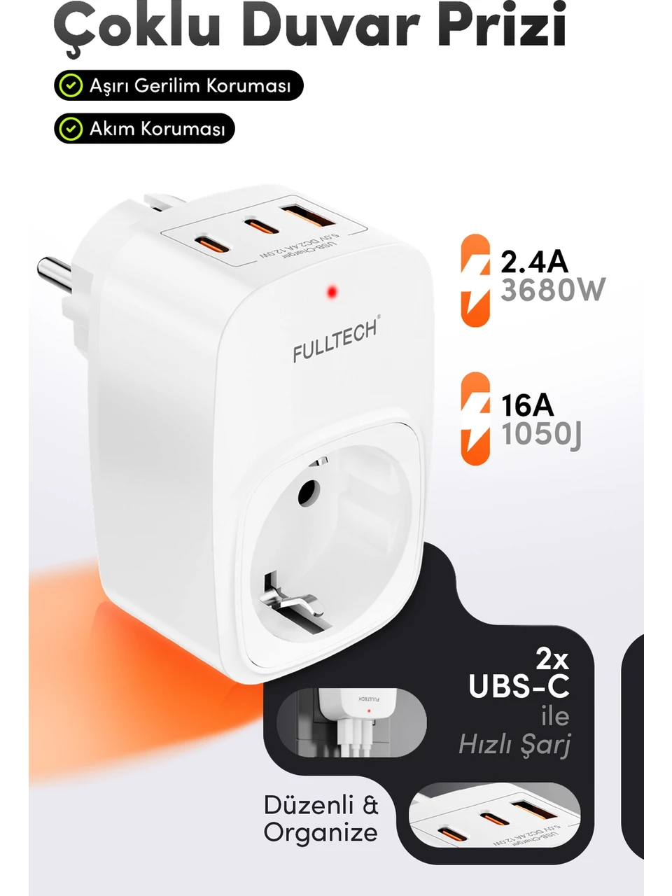 Ftr-24 Çoklu Duvar Prizi 16a 3680w Beyaz 2x Usb-c + 1x Usb-a Şarjlı Priz Akım Korumalı Surge Protection Akıllı Priz 0