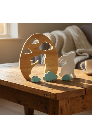 Simdale Wood Ahşap Tavşan Ve Mavi Bulutlar - Montessori Bebek Odası Raf Dekoru & Oyuncak