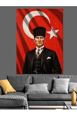 Ahşap Tablo Bayrak Önünde Atatürk Resmi