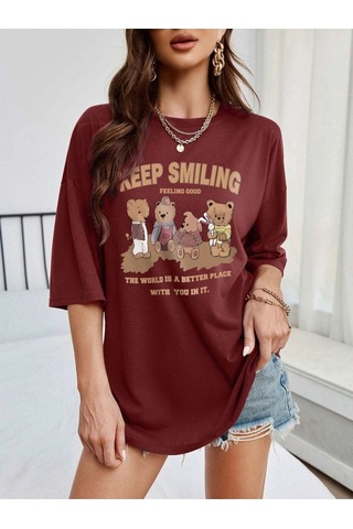 Flood Of Style Kadın Bordo Keep Smılıng Baskılı Oversize Bisiklet Yaka Tişört
