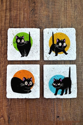 Doğal Taş Bardak Altlığı 4'lü Set 10x10x1 Cm Şaşkın Kedi Desenleri -stone Coasters Çok Renkli