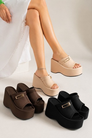 Dabab Shoes Lunara Kadın 3'lü Paket Tokalı 10 Cm Platform Topuklu Kalın Taban Terlik Sandalet Bej - Kahve - Siyah