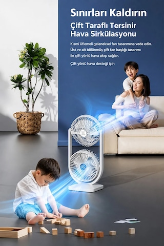 Exenar - Siyah - Çift Başlıklı Masaüstü Fan Brushless Motor 10w Güçlü Vantilatör Ayarlanabilir Başlık 2400 Mah Şarjlı