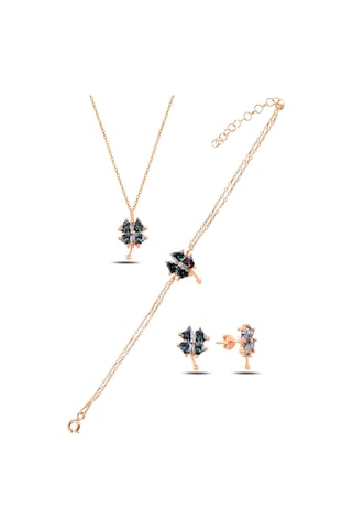 Çekirdekjewelry 925 Ayar Gümüş Rose Taşlı Yonca Kolye Bileklik Küpe Seti Pembe