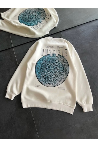 İkales Üç İplik Bisiklet Yaka Baskılı Sweatshirt - Beyaz
