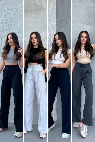 Siyah-lacivert-gri-antrasit Kadın Mevsimlik Salaş Geniş Paça Yüksek Bel 4'lü Eşofman Altı Siyah - Lacivert - Antrasit