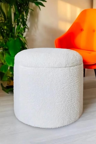 Teddy Xl Puf - El Yapımı Pofuduk Beyaz Sandıklı Silindir Puf - Çok Amaçlı Dekoratif Bench Ekru
