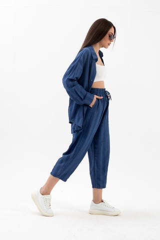 Krinkıl Kumaş Keten İkili Takım - İndigo-indigo İndigo