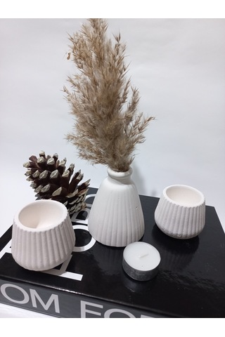Pampas Vazolu Tabaklı İkili Tealight Mumluk Set Beyaz