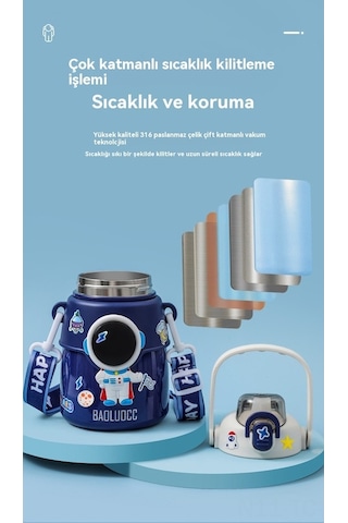 Skycity Uzaylı Desenli 850ml Termos Bardak, Pipetli Su Kâsesi, Yıldızlı Mavi Büyük Kupa + Sticker + 3d Yapıştırıcı MAvi