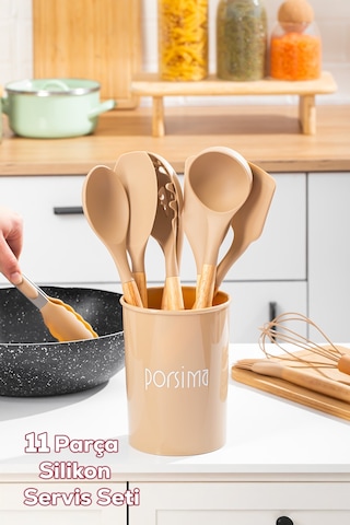 Porsima 3164 Standlı Bambu Silikon 11 Parça Servis Takımı Seti Kapicino