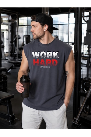 Urbantrendstore Baskılı Premium Fitness Sporcu Atleti Gym Tişört %100 Pamuklu T-shirt Füme