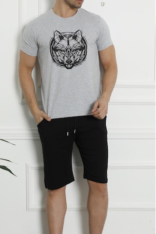 Erkek Pijama Takımı Kısa Kollu Cepli Pamuk 3 Lu Set Bermuda Şort Kurt Baskılı Gri Nıc1059 R09 Gri