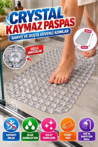Crystal Kaymaz Vantuzlu Banyo Paspası Şeffaf 68x35 Cm Islak Zemin Kaydırmaz Küvet Duşakabin Pvc Matı