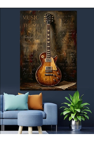 Paslı Duvarda Klasik Elektro Gitar Dekoratif Kanvas - Mdf Ahşap Tablo