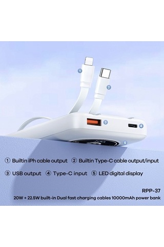Tongxida Remax Rpp-37 10000mah Güç Bankası 20w+22.5w İphone Uyumlu Android Çift Hızlı Şarj Dahili Kablolar Beyaz Beyaz