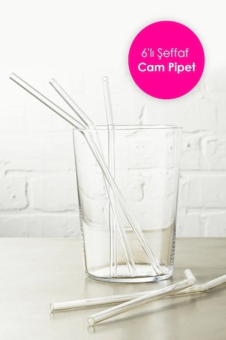6 Adet Şeffaf Cam Eğimli Pipet - Cam Pipet 6'lı