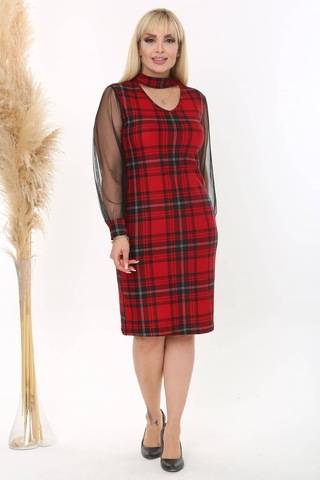 Kadın Kırmızı Siyah Ekose Desen Yaka Detay Tül Kol Büyük Beden Esnek Süet Elbise Kırmızı