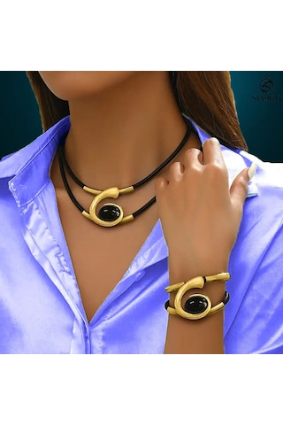 Bohem Tarzı Kolye Bilezik Seti Siyah Akrilik Salyangoz Seti Altın