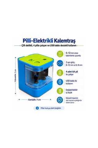 Ofisinn Masaüstü Otomatik Elektrikli Kalemtraş Çift Delikli 4 Aa Pil İle Çalışan Usb Kablo Destekli Mavi