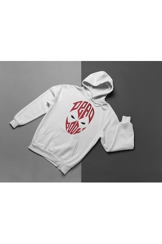Sevbano Tasarım Deadpool Maske Baskılı Unisex Oversize Hoodie Beyaz