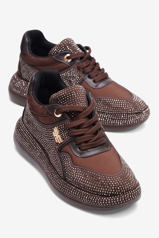 Mubiano Kadın Paraşüt Sneaker Süet Detaylı Taşlı Günlük Spor Ayakkabı Liva Kahverengi