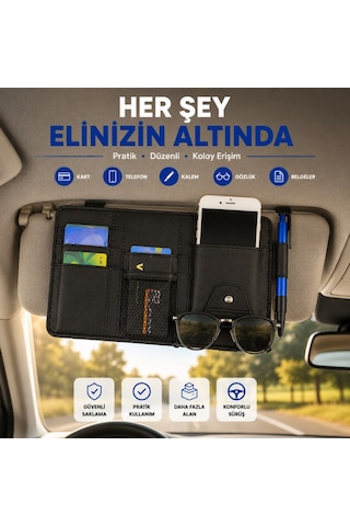 Polham Çok Fonksiyonlu Araç Güneşlik Cüzdanı Organizer Telefon, Kart, Gözlük Ve Kalem Bölmeli Organizer