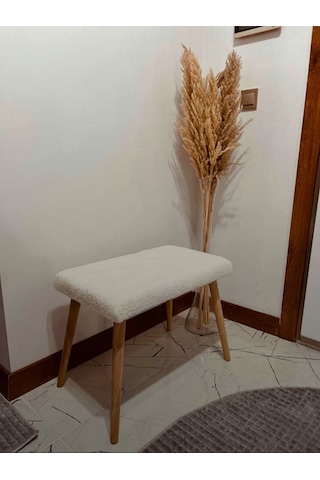 Gürgen Retro Ahşap Ayaklı Handmade Pofidik Puf Bench Koltuk Beyazdüğmeli