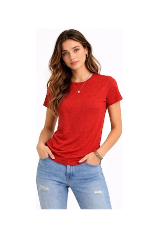 Novalisse Kadın Flam Kumaş Melanj Dokulu Regular Fit Tişört Bisiklet Yaka Yazlık T-shirt - Kiremit Çoklu Renk