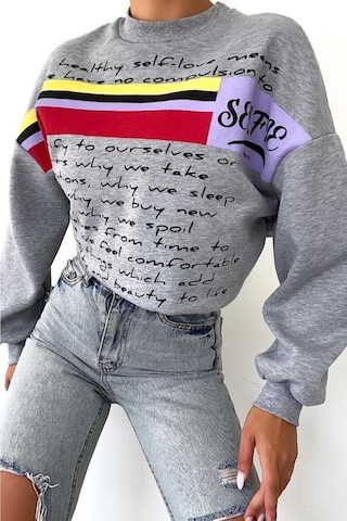 Femelle Yeni Sezon Selfie Baskılı Pamuklu Oversize Sweatshirt Gri