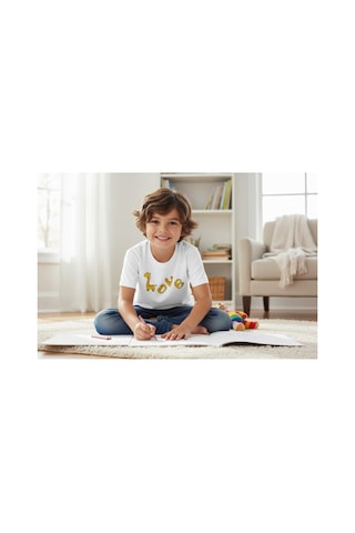 Urbantrendstore Love Zürafa Unisex Kız Çocuk Erkek Çocuk Bisiklet Yuvarlak Yaka Basic Kısa Kollu %100 Pamuk Tişört Beyaz
