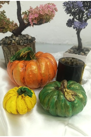 Artepieza Kabak Figürlü Dekor Seti Doğal Masa Süsleri-kabak & Mum Seti-biblo Dekoratif Set B. Boy Turuncu 10 cm