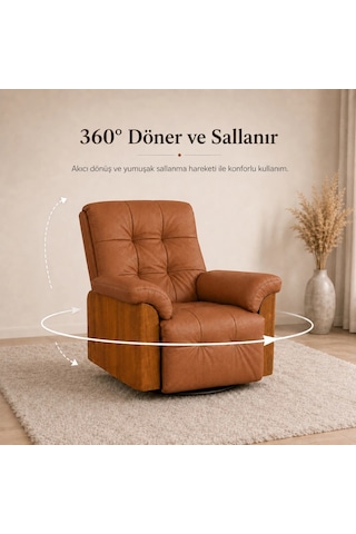 Smarto Relax Berlin Elektrikli Döner Sallanan Tv Koltuğu Kontrol Panelli Ergonomik Kırmızı Deri Baba Koltuğu Kahverengi