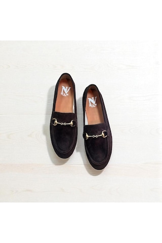 Ne&ve Shoes Kahve Süet Hakiki Deri Gold Zincir Aksesuarlı Kadın Loafer Ayakkabı Kahverengi