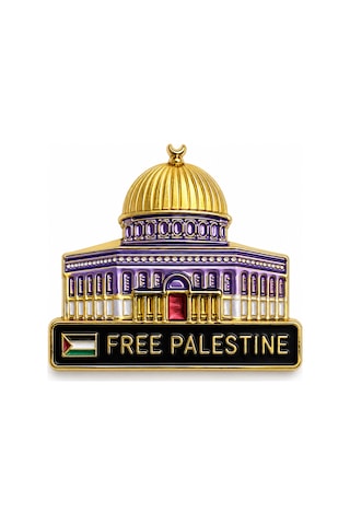Free Palestine Yazılı Kubbe Figürlü Gold Renk Anlamlı Broş Aksesuarı Açık Gri