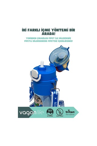 650ml Crayon Shinchan Figürlü Kapak Pipetli/pipetsiz Kullanım El Askılı Tritan Su Matarası Lacivert Çok Renkli