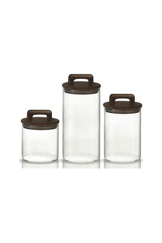 Saplı Akasya Kapaklı Yüksek Borosilikat Cam Saklama Kavanozu 3'lü Seti - 500ml - 1000ml - 1500ml - Şeffaf