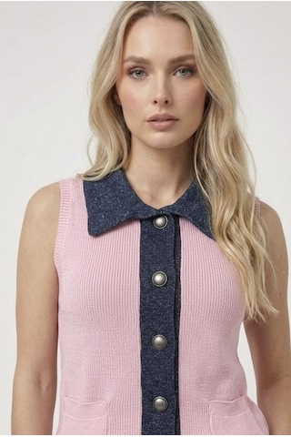 Neden Tekstil Yaka Ve Pat Detaylı Düğmeli Cepli Triko Hırka - Pembe-laci