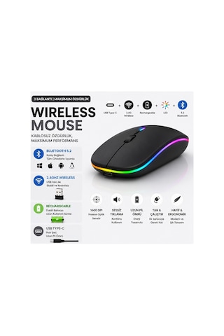 Jng-5013m Kablosuz Şarjlı Mouse Çift Modlu Bluetooth Ve 2.4 Ghz Usb Wireless Rgb Led Işıklı Telefon Tablet Bilgisayar Uyumlu 1600 Dpi Sessiz Click Mouse Diğer