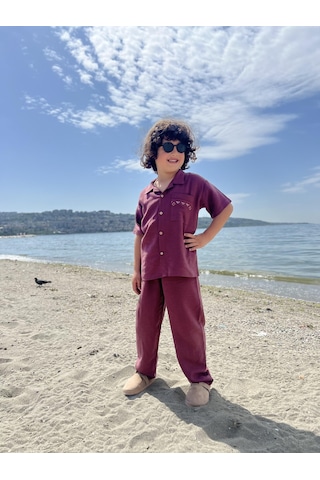 Cebi Nakışlı Gömlek Pantolon Keten Erkek Çocuk Takım Mürdüm Mürdüm