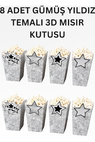 Gümüş Yıldız Temalı Doğum Günü Parti Seti İyi Ki Doğdun Banner, Tavan Sarkıt, Gözlük, Pasta Süsü Ve Mısır Kutusu