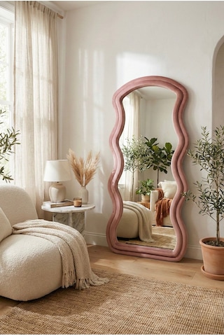 Ayaklı Kumaşlı Boy Aynası - Modern Dalgalı Tasarım Büyük Boy Ayna 182x87 Cm Pembe