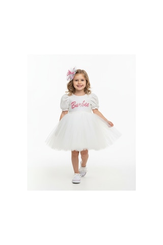 Butikhappykids Kız Çocuk Barbiee Temalı Tütülü Taçlı Elbise 3-7 Yaş Beyaz