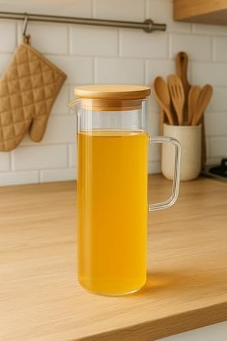 Lavino 3 Parça 400 Ml Borosilikat Yağlık - Bambu Altlık Ve 2 Adet Bambu Kapaklı Cam Yağdanlık