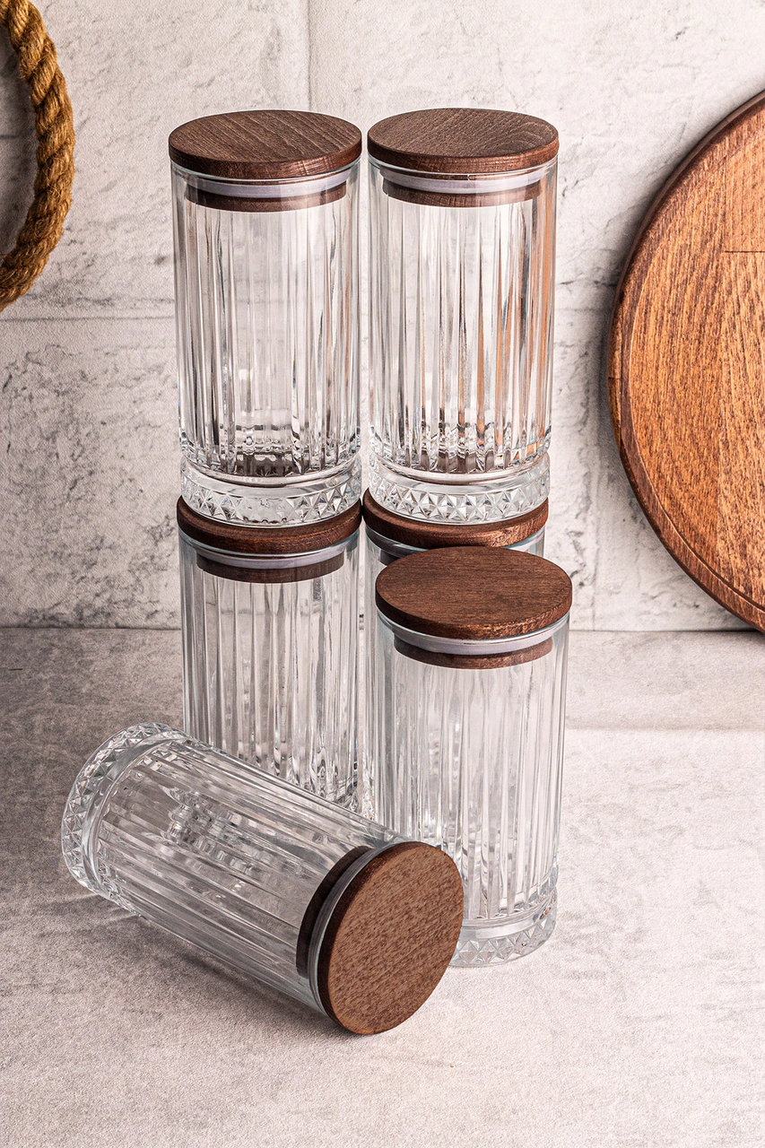 Mira 6'lı Ahşap Vakumlu Kapaklı Cam Saklama Kabı 450 Ml 6 Adet Ahşap