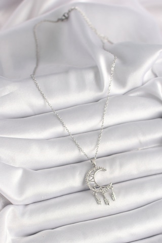 Gümüş Renk Zincir Zirkon Taşlı Hilal Model Sallantı Yaprak Detay Kadın Kolye - Ebj241228w30259 Bakır