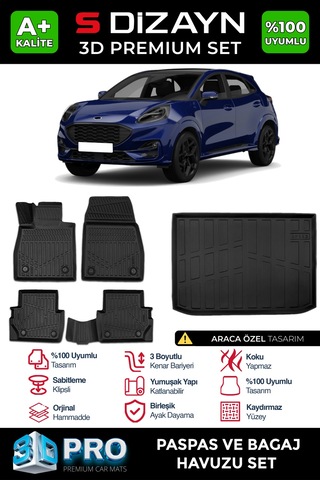 S-dizayn Ford Puma 3d Pro Havuzlu Paspas Ve Bagaj Havuzu Seti 2'li Set 2019 Üzeri A+ Kalite