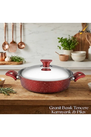 26 Cm Granit Karnıyarık & Pilav Tenceresi Çelik Kapak - Kırmızı Kırmızı