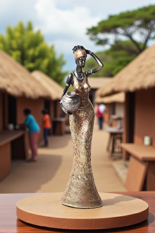 Lüks İşlemeli Geleneksel Yerel Kıyafetli Afrikalı Kadın Heykeli Dekoratif Biblo Ev Ofis Hediyesi Md1